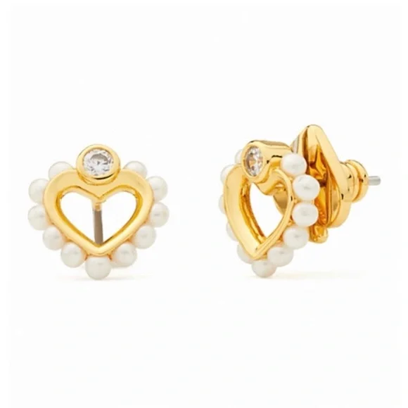 ✨CLEARANCE✨ Kate Spade Shining Spade Gold Plated CZ & Pearl Heart Stud Earrings - Picture 2 of 4